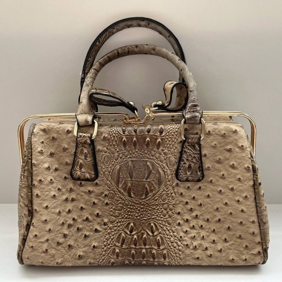 Women's Tan Alligator Skin Leather Top Handle Handbag Purse with Removable Strap - Picture 3 of 15